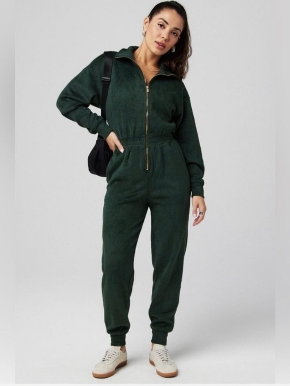 Fabletics Cozy Cord Jumpsuit Forest Green Gold Zip Size Medium